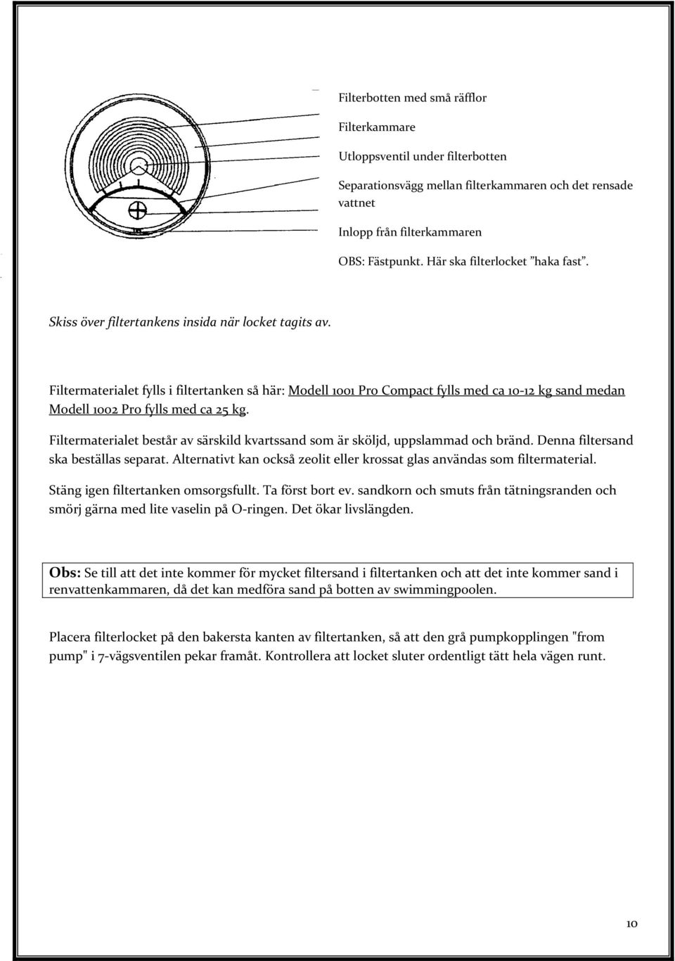 Filtermaterialet fylls i filtertanken så här: Modell 1001 Pro Compact fylls med ca 10-12 kg sand medan Modell 1002 Pro fylls med ca 25 kg.