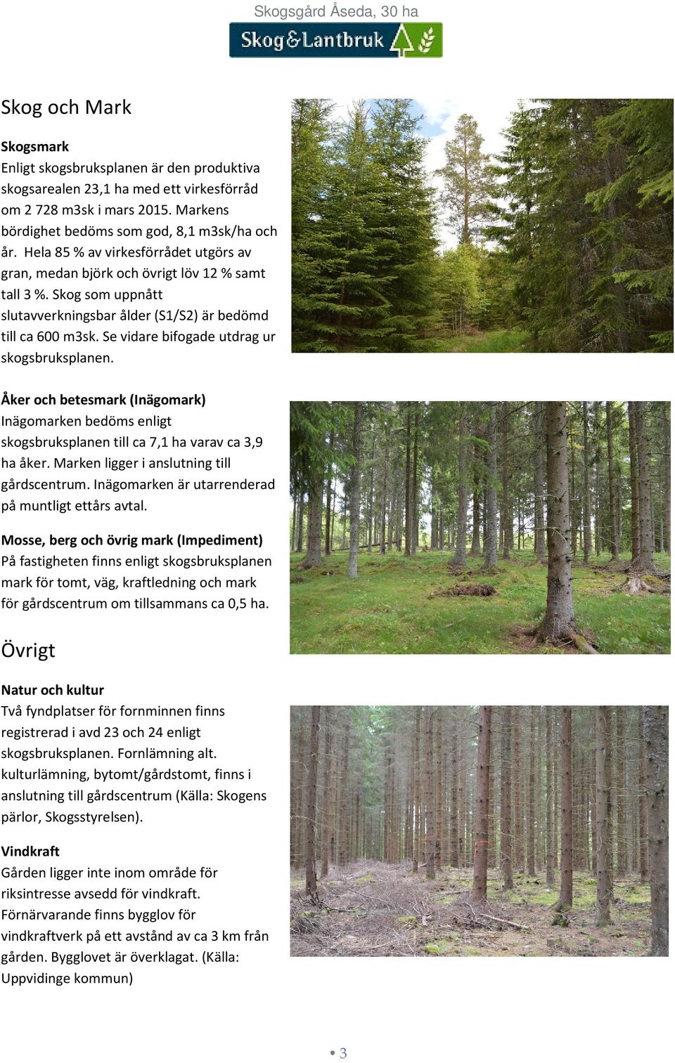 Skog som uppnått slutavverkningsbar ålder (S1/S2) är bedömd till ca 600 m3sk. Se vidare bifogade utdrag ur skogsbruksplanen.