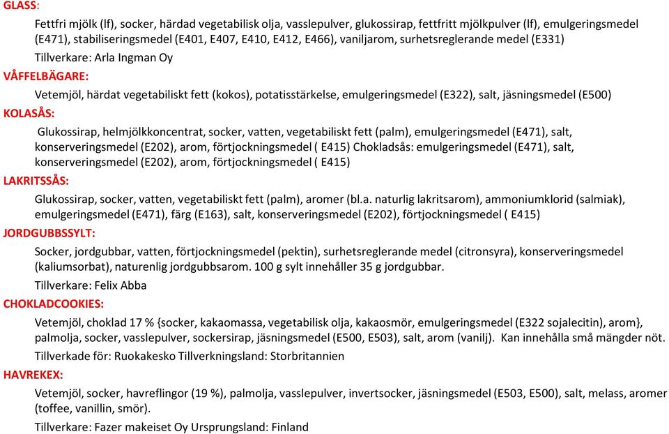 jäsningsmedel (E500) Glukossirap, helmjölkkoncentrat, socker, vatten, vegetabiliskt fett (palm), emulgeringsmedel (E471), salt, konserveringsmedel (E202), arom, förtjockningsmedel ( E415) Chokladsås: