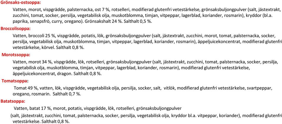 Broccolisoppa: Vatten, broccoli 25 %, vispgrädde, potatis, lök, grönsaksbuljongpulver (salt, jästextrakt, zucchini, morot, tomat, palsternacka,socker, persilja, vegetabilisk olja, muskotblomma,