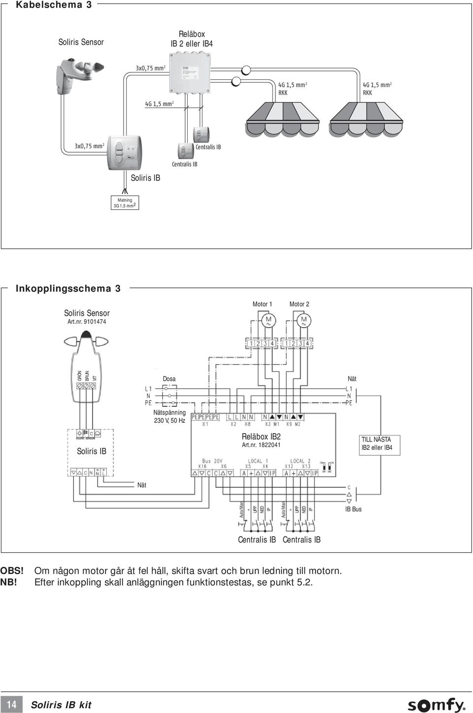 9101474 Motor 1 Motor 2 GRÖN BRUN VIT Dosa Nät Nätspänning 230 V, 50 Hz Soliris IB Reläbox IB2 Art.nr.