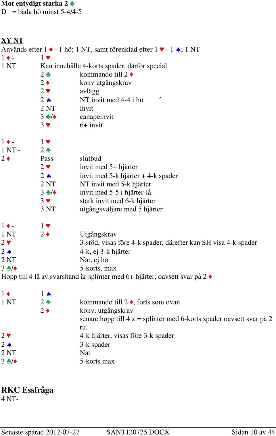 hjärter 3 / invit med 5-5 i hjärter-lå 3 stark invit med 6-k hjärter 3 NT utgångsväljare med 5 hjärter 1-1 1 NT 2 Utgångskrav 2 3-stöd, visas före 4-k spader, därefter kan SH visa 4-k spader 2 4-k,