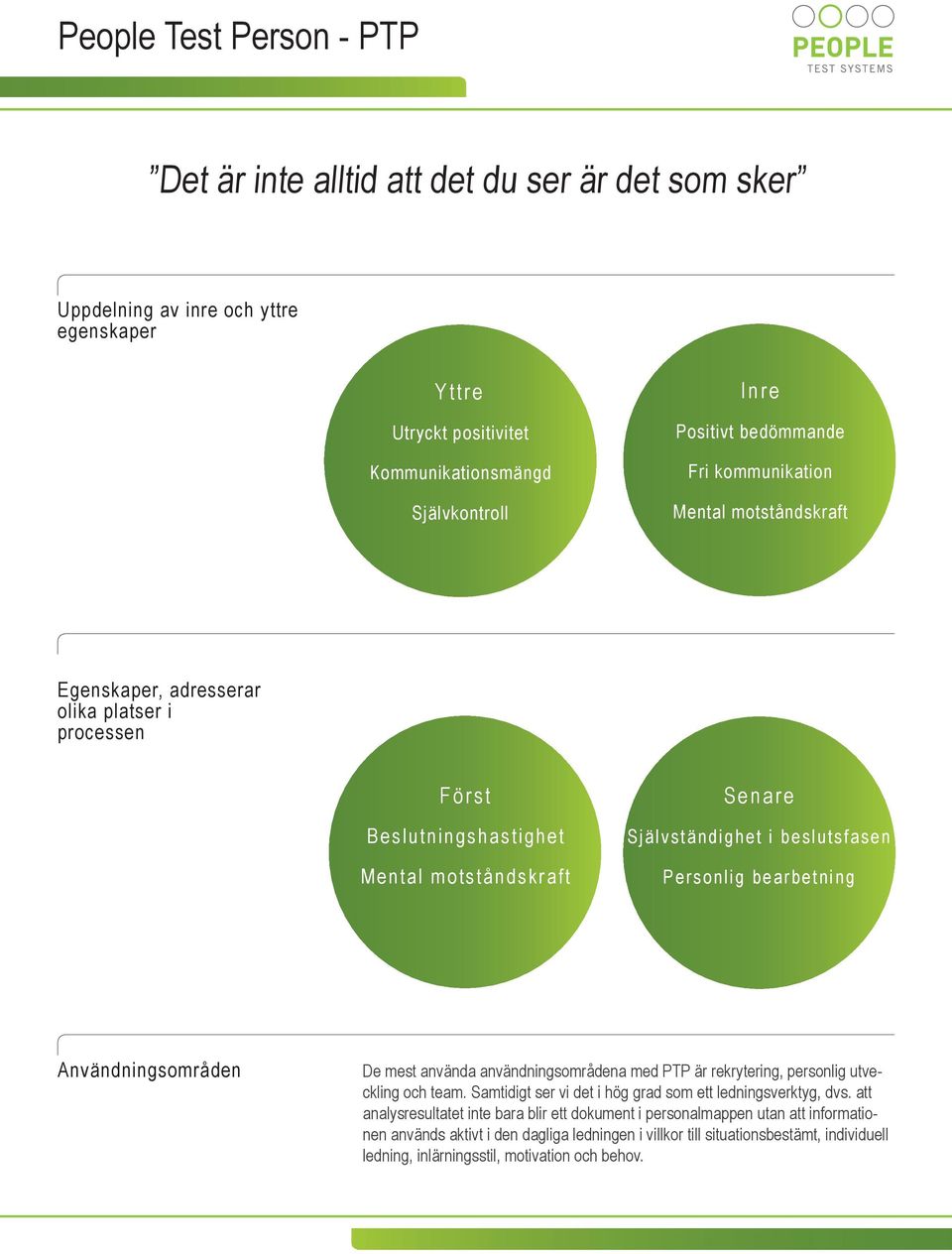 bearbetning Användningsområden De mest använda användningsområdena med PTP är rekrytering, personlig utveckling och team. Samtidigt ser vi det i hög grad som ett ledningsverktyg, dvs.