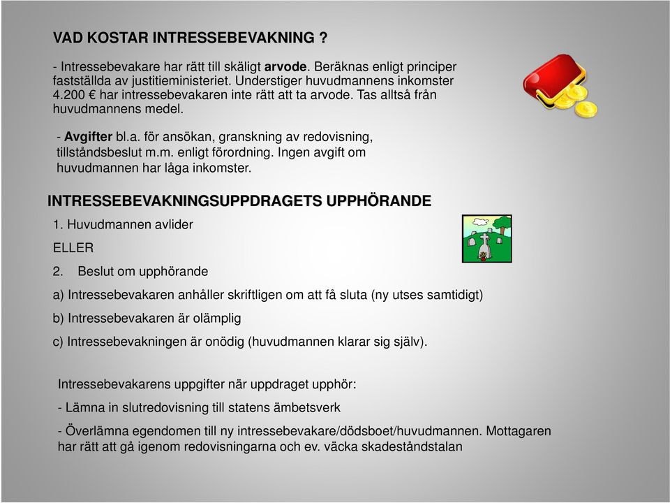Ingen avgift om huvudmannen har låga inkomster. INTRESSEBEVAKNINGSUPPDRAGETS UPPHÖRANDE 1. Huvudmannen avlider ELLER 2.