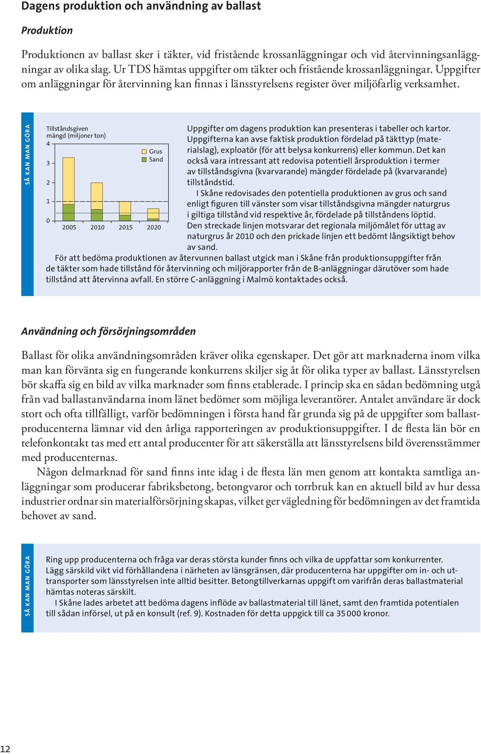 så k an man gör a Tillståndsgiven mängd (miljoner ton) 4 3 2 1 0 Grus Sand 2005 2010 2015 2020 Uppgifter om dagens produktion kan presenteras i tabeller och kartor.