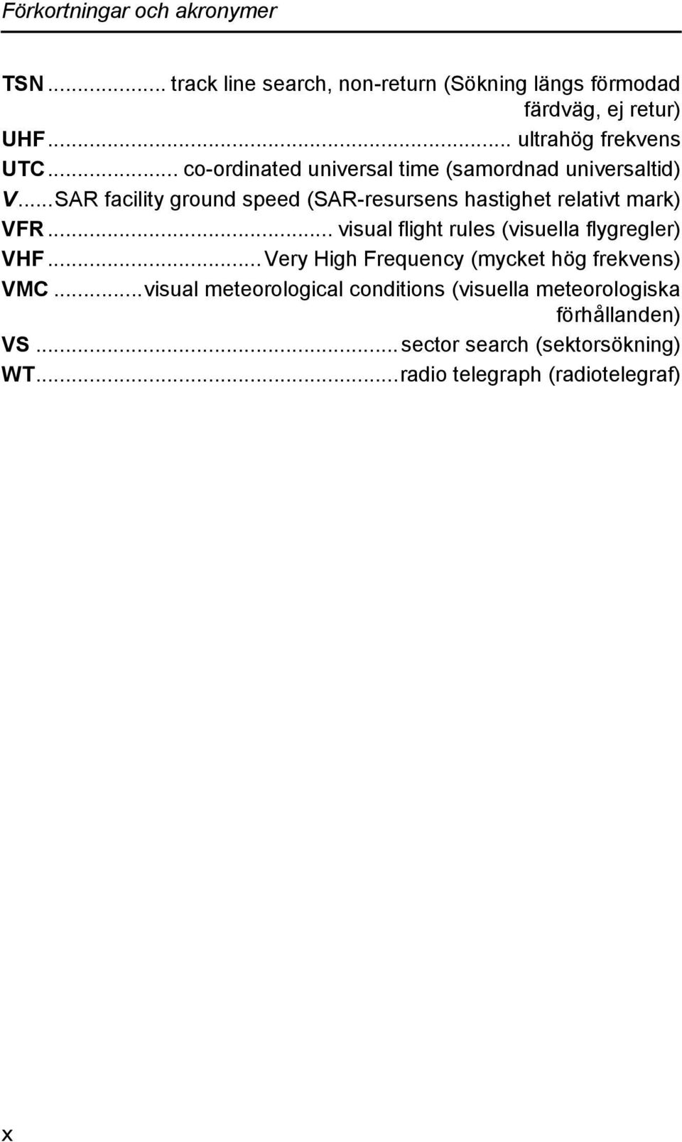 ..SAR facility ground speed (SAR-resursens hastighet relativt mark) VFR... visual flight rules (visuella flygregler) VHF.