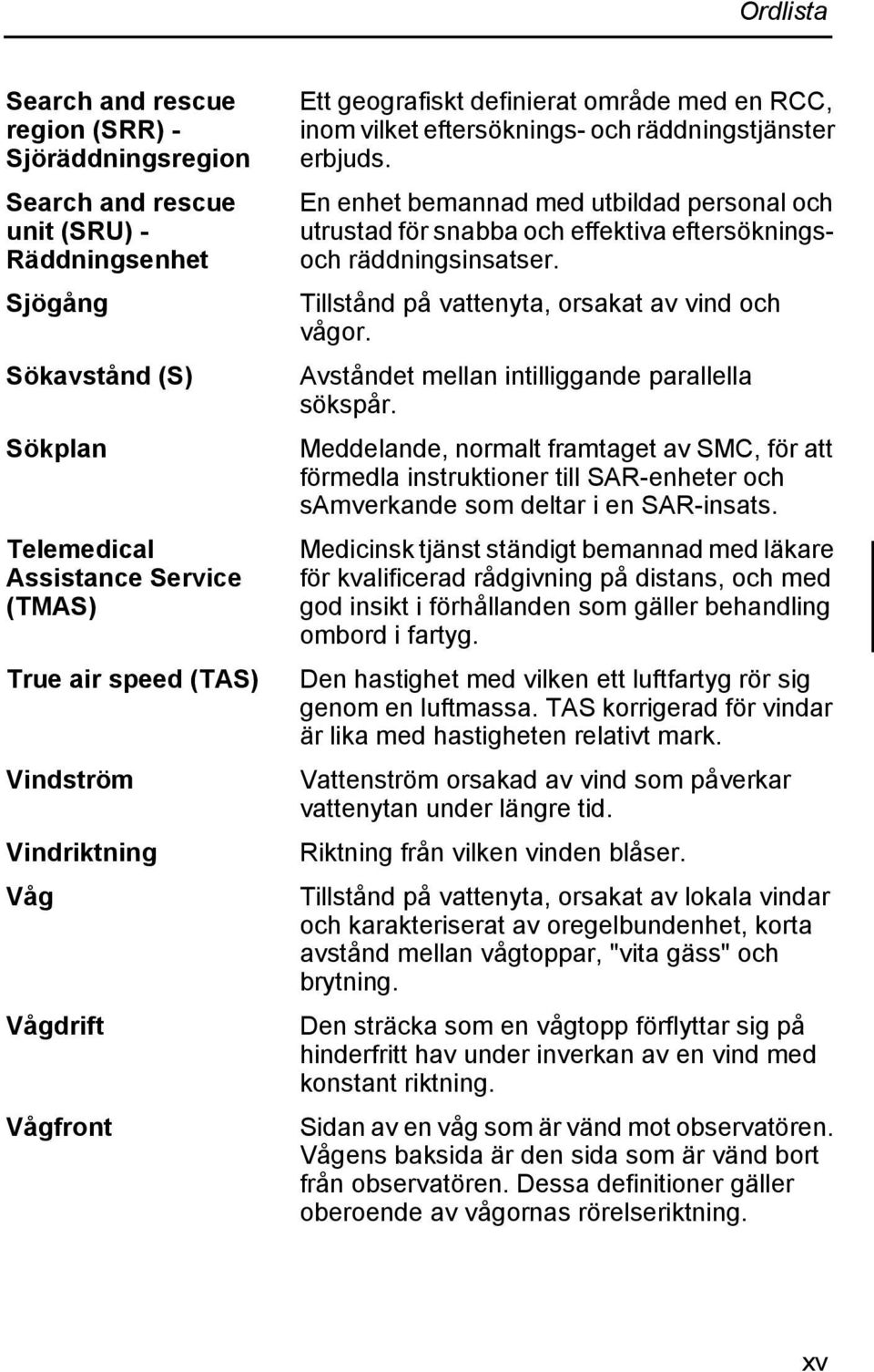 En enhet bemannad med utbildad personal och utrustad för snabba och effektiva eftersökningsoch räddningsinsatser. Tillstånd på vattenyta, orsakat av vind och vågor.