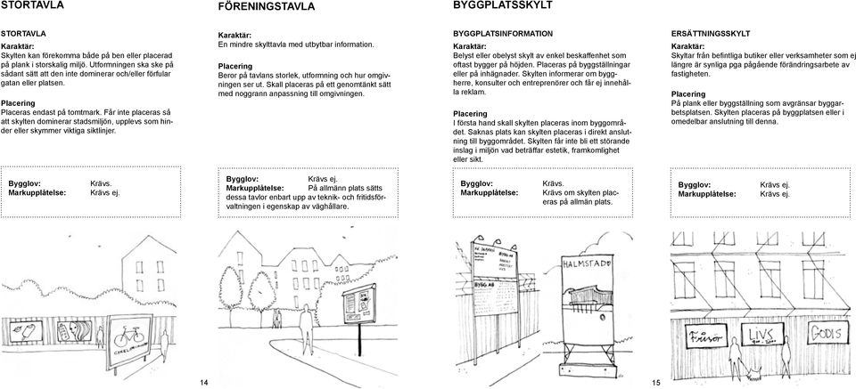 Får inte placeras så att skylten dominerar stadsmiljön, upplevs som hinder eller skymmer viktiga siktlinjer. En mindre skylttavla med utbytbar information.