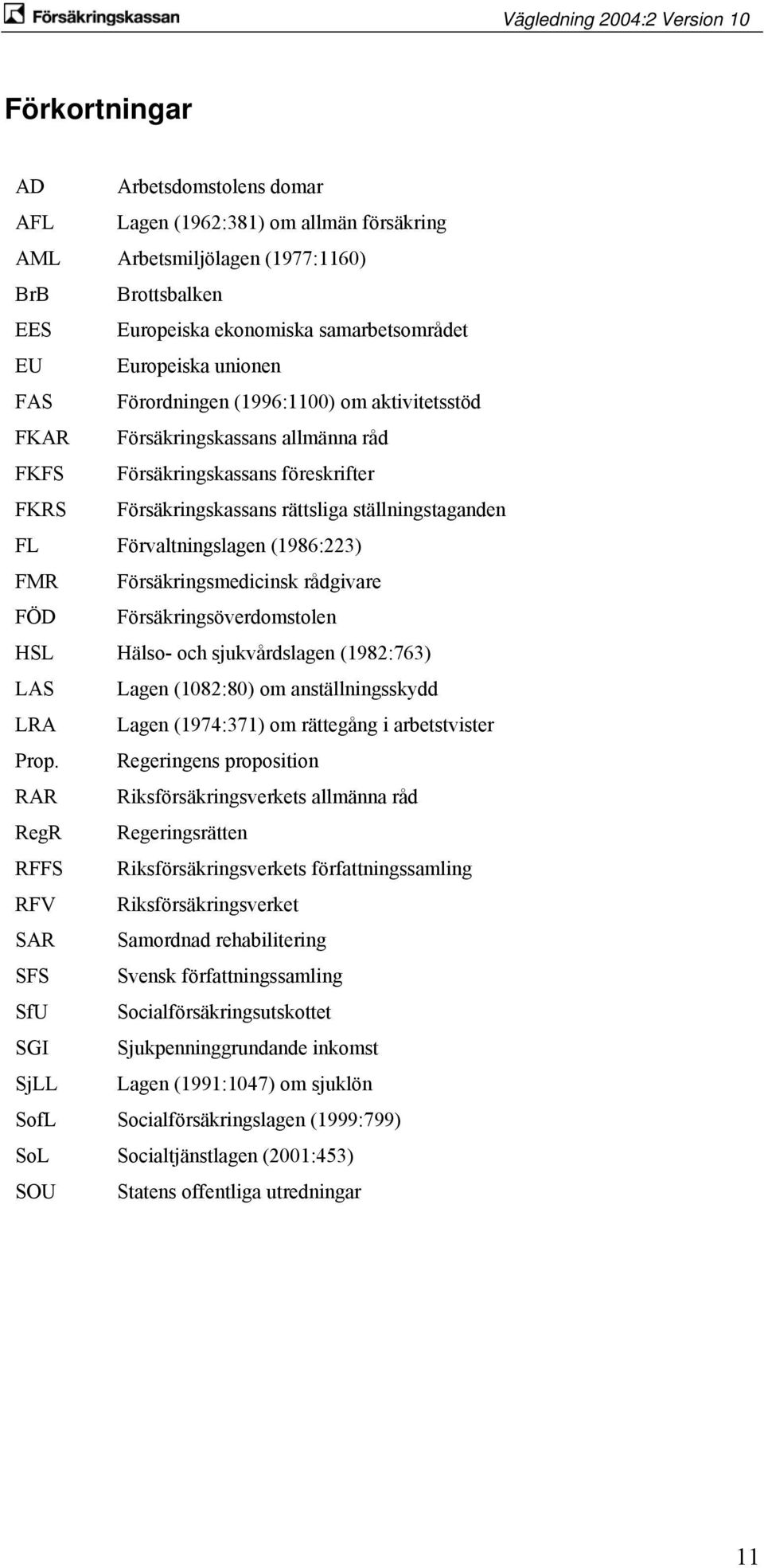 (1986:223) FMR Försäkringsmedicinsk rådgivare FÖD Försäkringsöverdomstolen HSL Hälso- och sjukvårdslagen (1982:763) LAS Lagen (1082:80) om anställningsskydd LRA Lagen (1974:371) om rättegång i