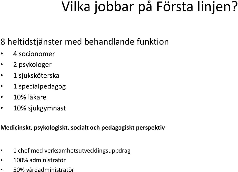 sjuksköterska 1 specialpedagog 10% läkare 10% sjukgymnast Medicinskt,