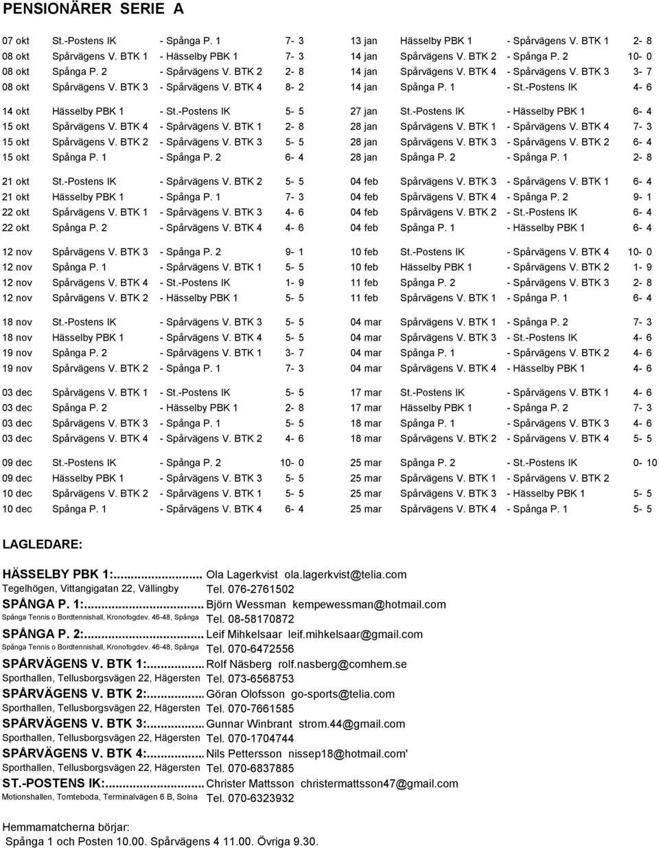 -Postens IK 4-6 14 okt Hässelby PBK 1 - St.-Postens IK 5-5 27 jan St.-Postens IK - Hässelby PBK 1 6-4 15 okt Spårvägens V. BTK 4 - Spårvägens V. BTK 1 2-8 28 jan Spårvägens V. BTK 1 - Spårvägens V.
