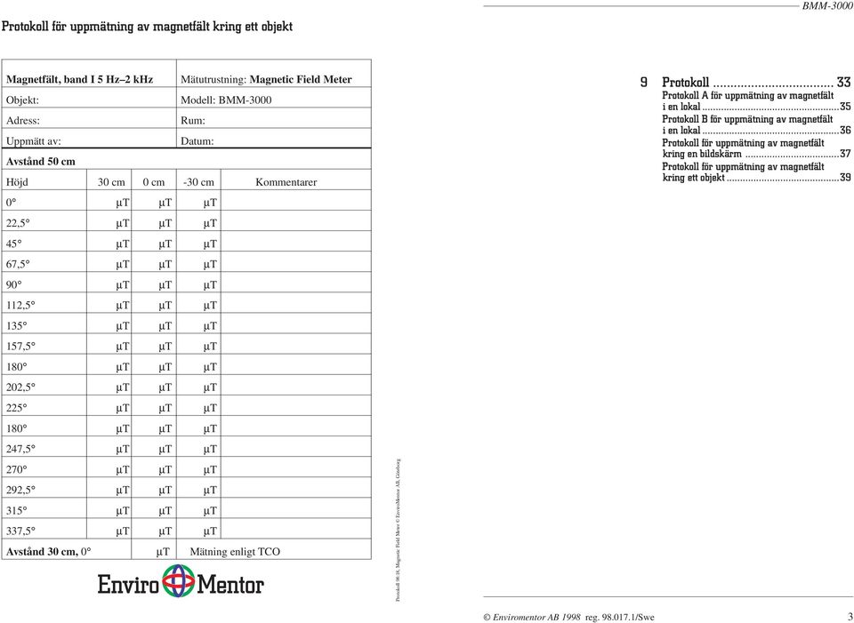 µt µt µt 337,5 µt µt µt Avstånd 30 cm, 0 µt Mätning enligt TCO Protokoll 98:18, Magnetic Field Meter EnviroMentor AB, Göteborg 9 Protokoll... 33 Protokoll A för uppmätning av magnetfält i en lokal.