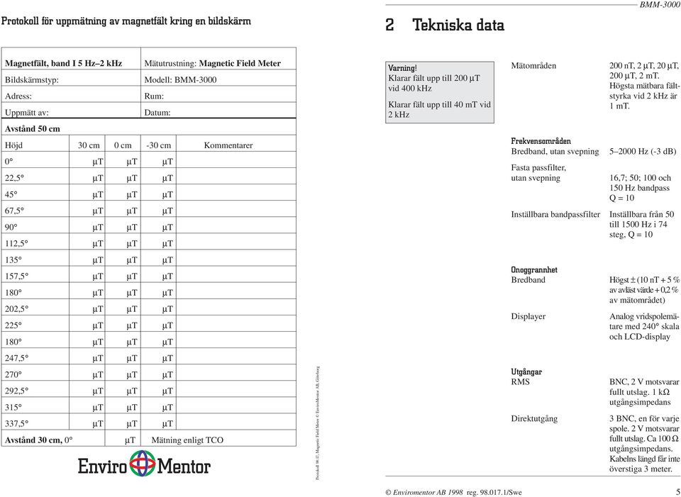 Avstånd 50 cm Höjd 30 cm 0 cm -30 cm Kommentarer 0 µt µt µt 22,5 µt µt µt 45 µt µt µt 67,5 µt µt µt 90 µt µt µt 112,5 µt µt µt Frekvensområden Bredband, utan svepning Fasta passfilter, utan svepning