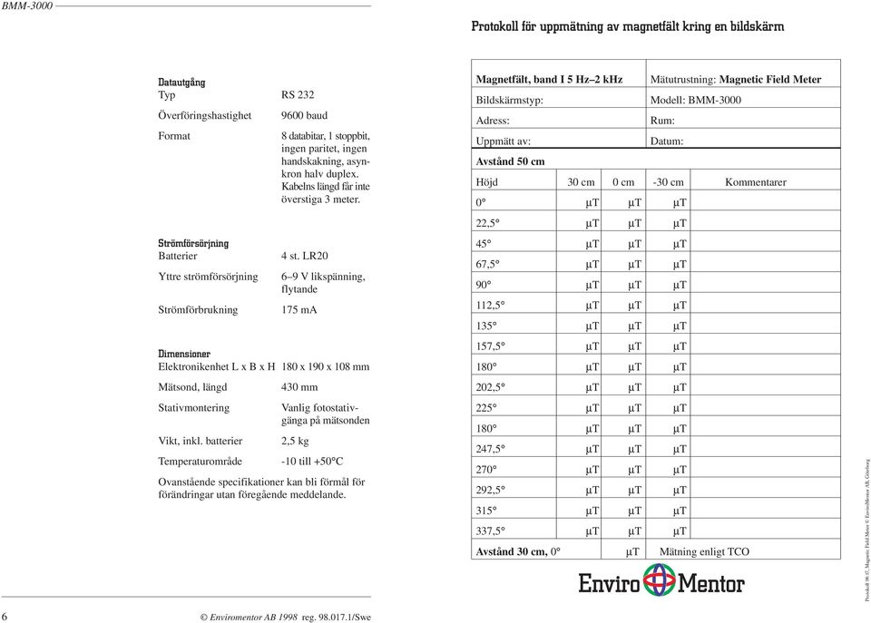 LR20 6 9 V likspänning, flytande 175 ma Dimensioner Elektronikenhet L x B x H 180 x 190 x 108 mm Mätsond, längd Stativmontering Vikt, inkl.