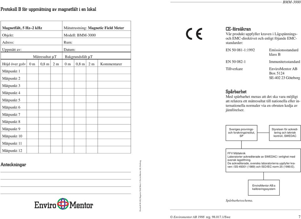 Protokoll 98:16B, Magnetic Field Meter EnviroMentor AB, Göteborg CE-försäkran Vår produkt uppfyller kraven i Lågspänningsoch EMC-direktivet och enligt föjande EMCstandarder: EN 50 081-1:1992 EN 50