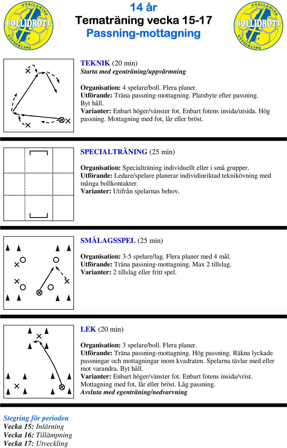 Utförande: Ledare/spelare planerar individinriktad teknikövning med många bollkontakter. SÅLAGSSPEL (25 min) Organisation: 3-5 spelare/lag. Flera planer med 4 mål.