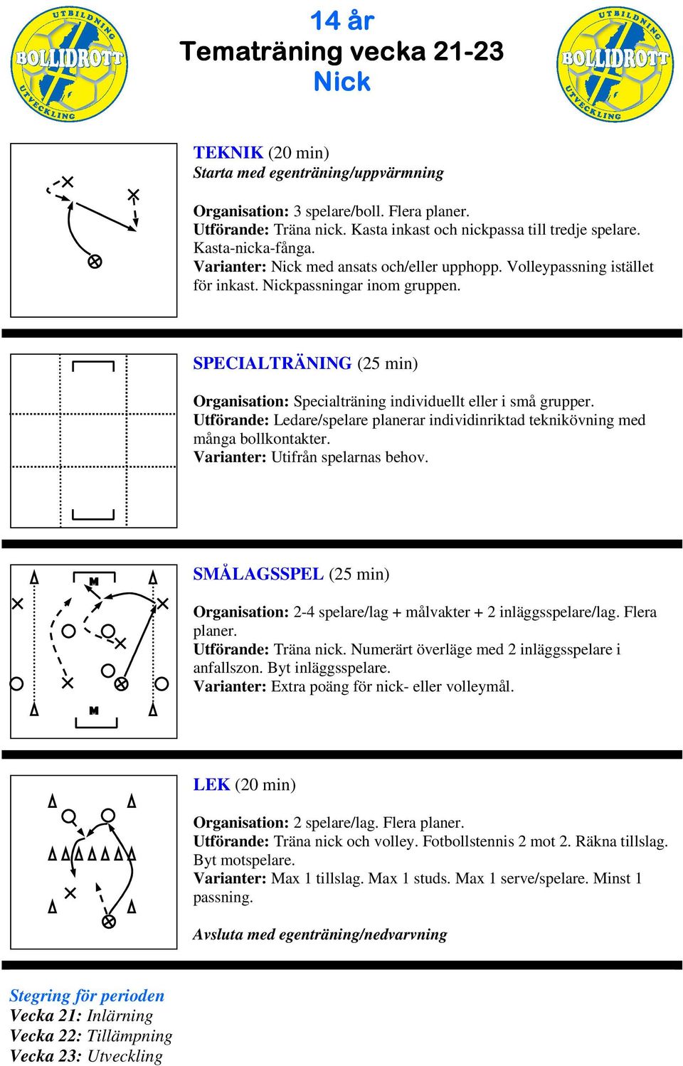 SÅLAGSSPEL (25 min) Organisation: 2-4 spelare/lag + målvakter + 2 inläggsspelare/lag. Flera planer. Utförande: Träna nick. Numerärt överläge med 2 inläggsspelare i anfallszon. Byt inläggsspelare.