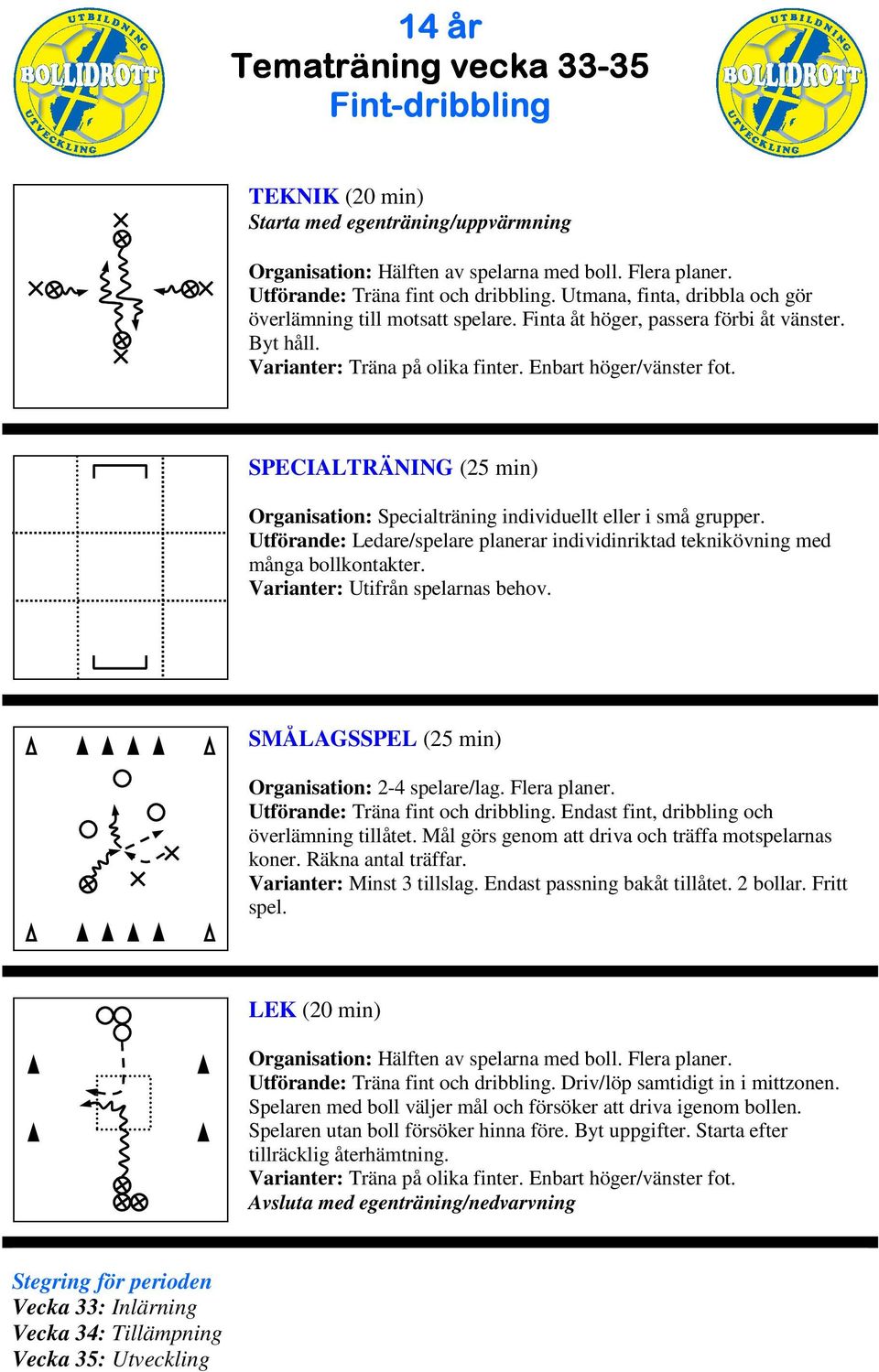 Utförande: Ledare/spelare planerar individinriktad teknikövning med många bollkontakter. SÅLAGSSPEL (25 min) Organisation: 2-4 spelare/lag. Flera planer. Utförande: Träna fint och dribbling.