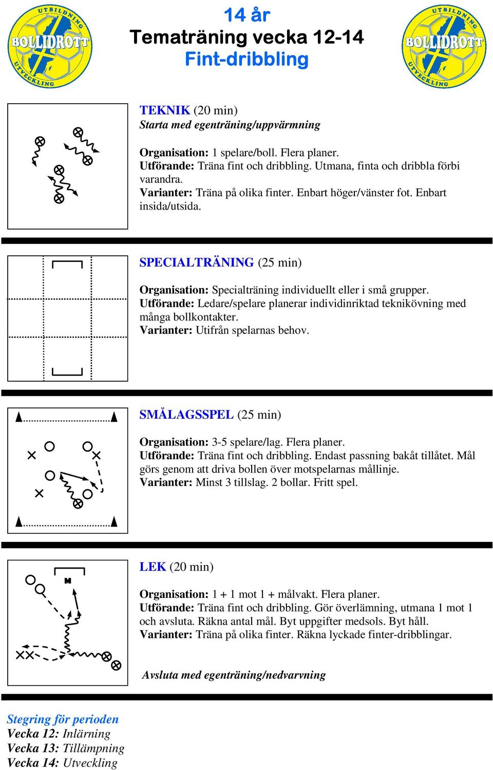 SÅLAGSSPEL (25 min) Organisation: 3-5 spelare/lag. Flera planer. Utförande: Träna fint och dribbling. Endast passning bakåt tillåtet. ål görs genom att driva bollen över motspelarnas mållinje.