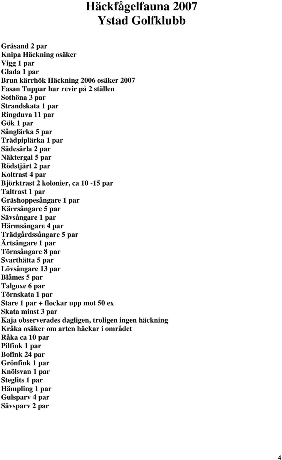 par Kärrsångare 5 par Sävsångare 1 par Härmsångare 4 par Trädgårdssångare 5 par Ärtsångare 1 par Törnsångare 8 par Svarthätta 5 par Lövsångare 13 par Blåmes 5 par Talgoxe 6 par Törnskata 1 par Stare