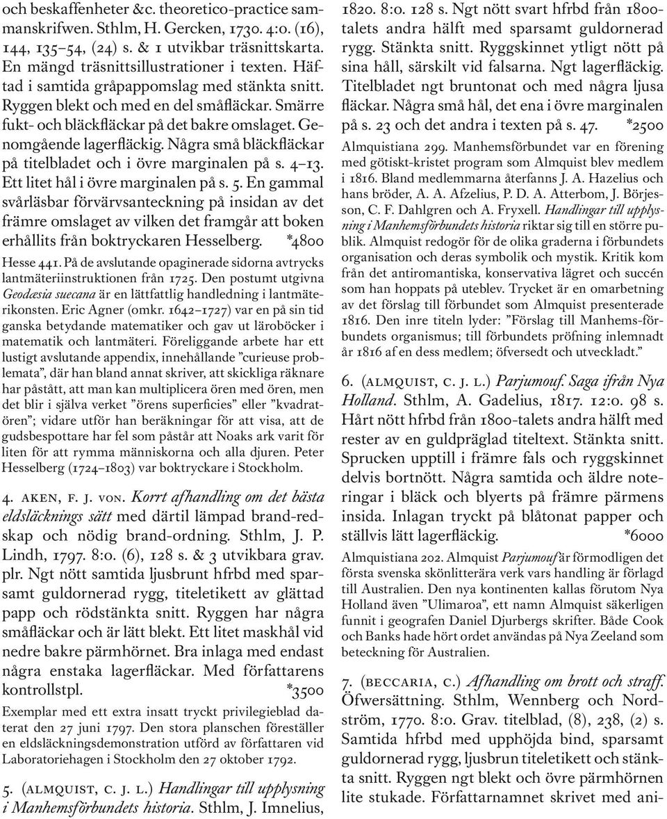 Några små bläckfläckar på titelbladet och i övre marginalen på s. 4 13. Ett litet hål i övre marginalen på s. 5.