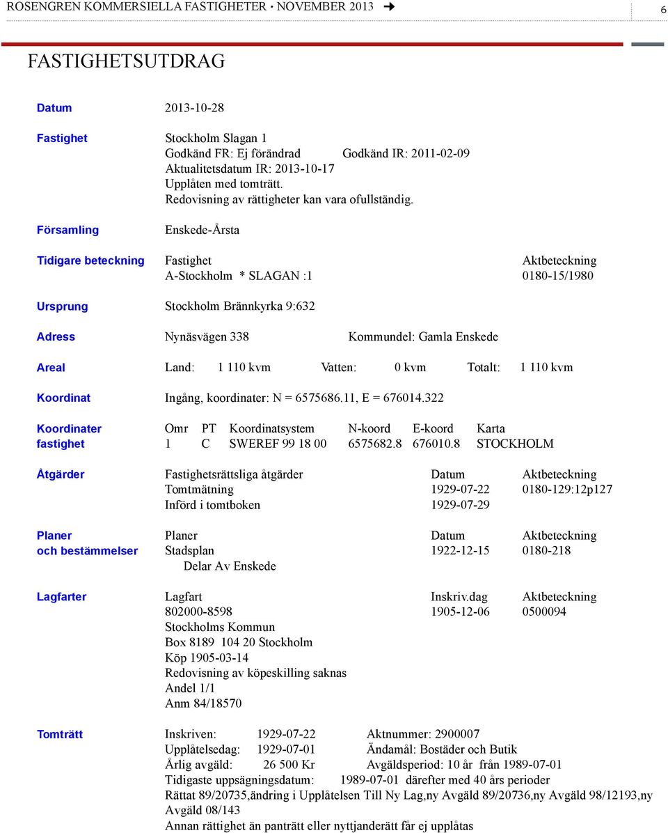 Enskede-Årsta Tidigare beteckning Fastighet Aktbeteckning A-Stockholm * SLAGAN :1 0180-15/1980 Ursprung Stockholm Brännkyrka 9:632 Adress Nynäsvägen 338 Kommundel: Gamla Enskede Areal Land: 1 110 kvm