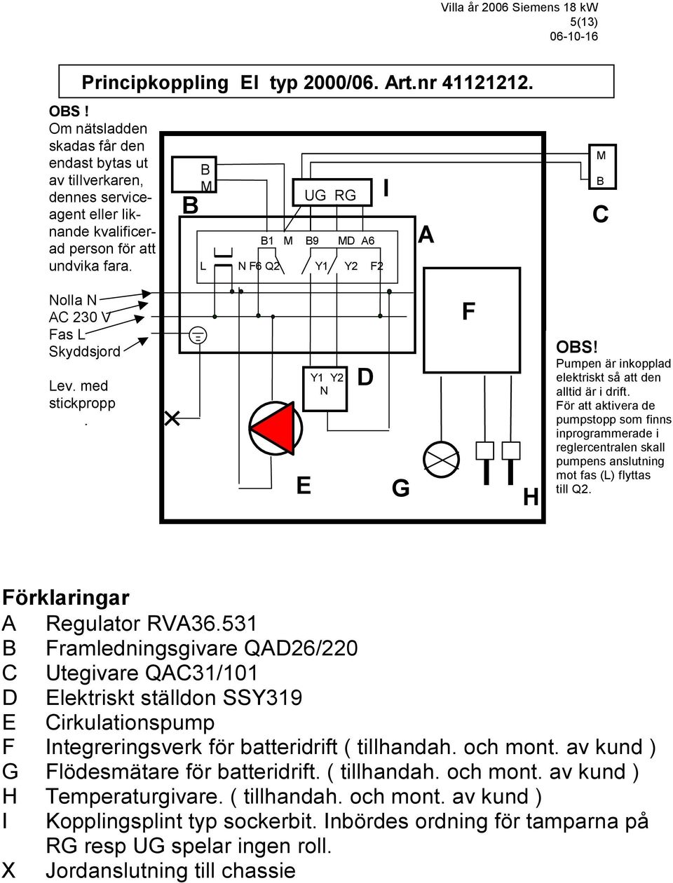För att aktivera de pumpstopp som finns inprogrammerade i reglercentralen skall pumpens anslutning mot fas (L) flyttas till Q2. Förklaringar A Regulator RVA36.