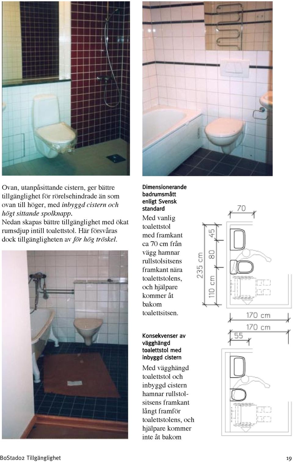 Dimensionerande badrumsmått enligt Svensk standard Med vanlig toalettstol med framkant ca 70 cm från vägg hamnar rullstolsitsens framkant nära toalettstolens, och hjälpare