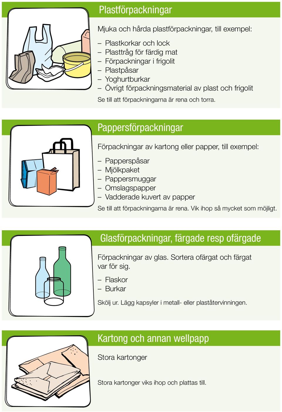 Pappersförpackningar Förpackningar av kartong eller papper, till exempel: Papperspåsar Mjölkpaket Pappersmuggar Omslagspapper Vadderade kuvert av papper Se till att förpackningarna är