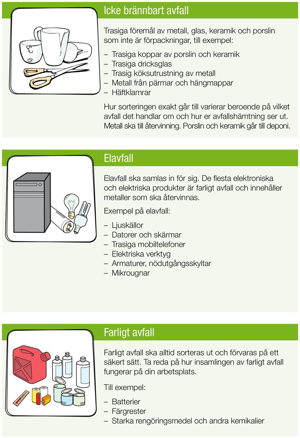 Porslin och keramik går till deponi. Elavfall Elavfall ska samlas in för sig. De flesta elektroniska och elektriska produkter är farligt avfall och innehåller metaller som ska återvinnas.