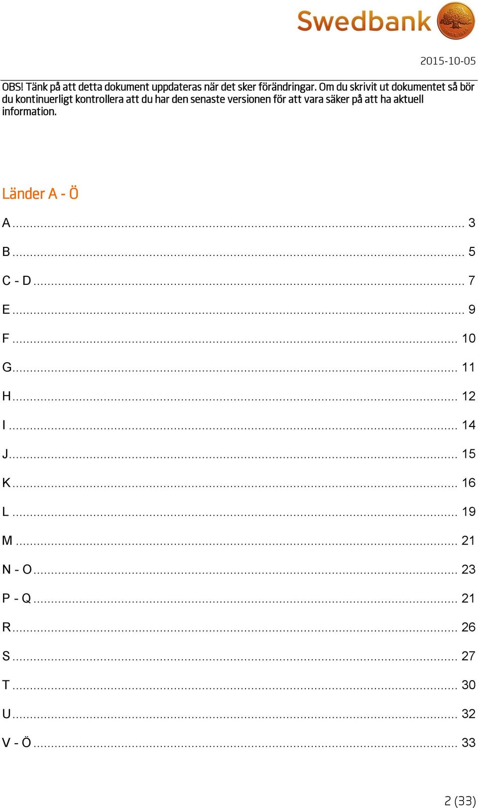 för att vara säker på att ha aktuell information. Länder A - Ö A... 3 B... 5 C - D... 7 E... 9 F.