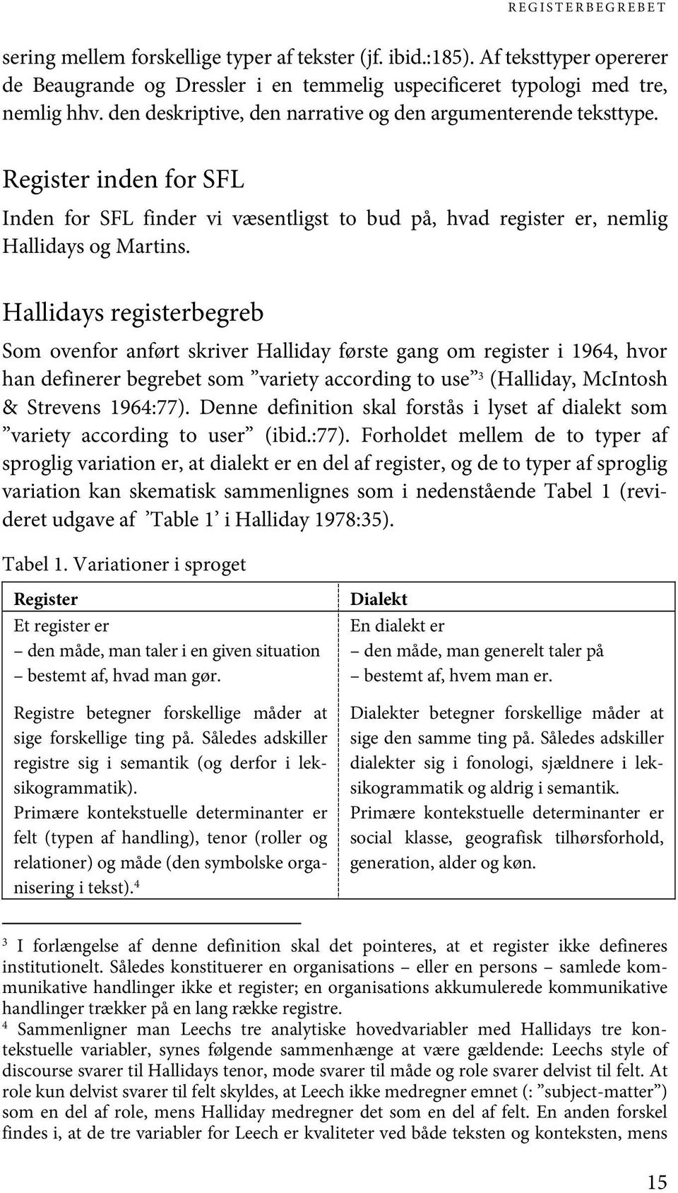 Hallidays registerbegreb Som ovenfor anført skriver Halliday første gang om register i 1964, hvor han definerer begrebet som variety according to use 3 (Halliday, McIntosh & Strevens 1964:77).