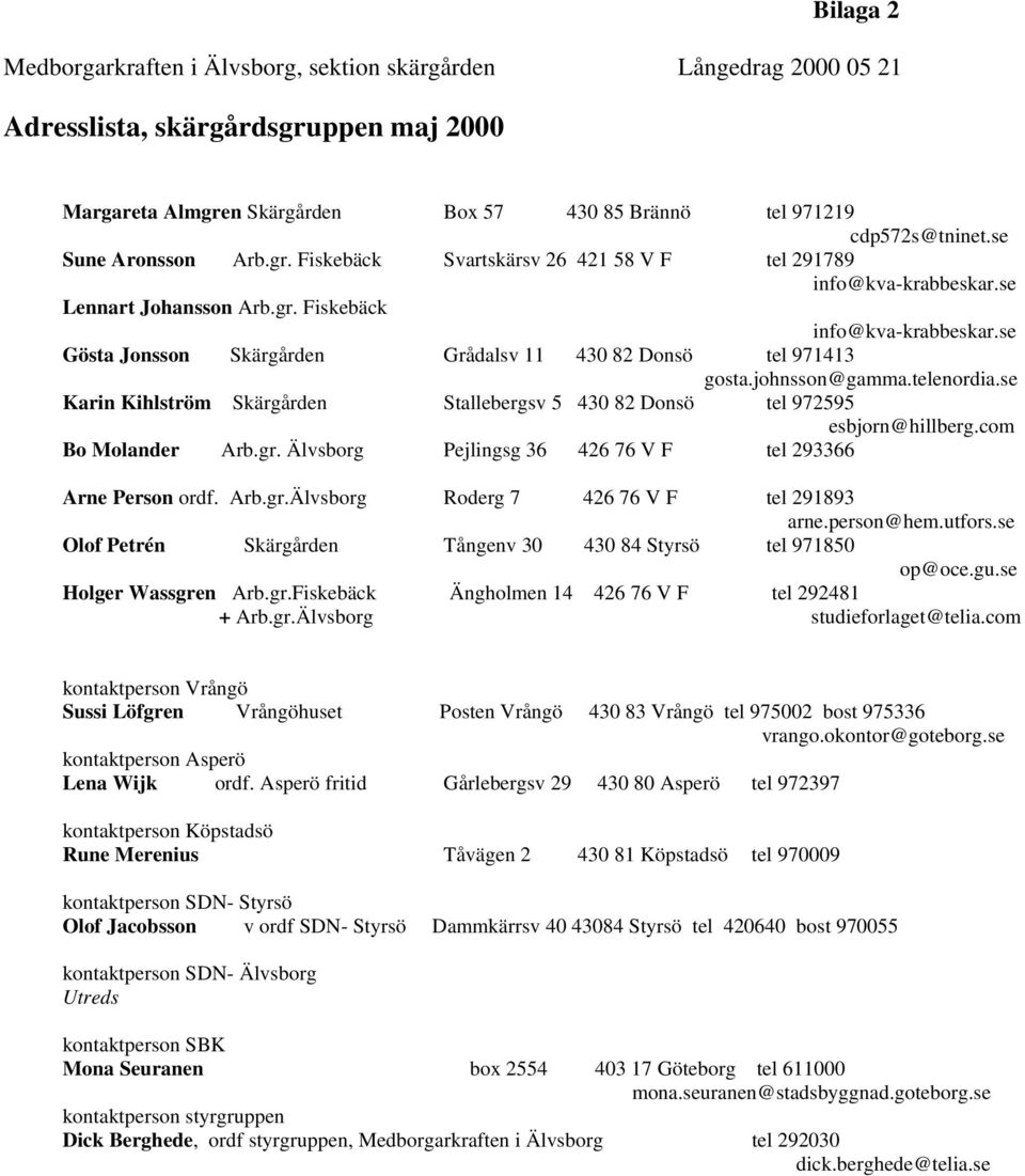se Gösta Jonsson Skärgården Grådalsv 11 430 82 Donsö tel 971413 gosta.johnsson@gamma.telenordia.se Karin Kihlström Skärgården Stallebergsv 5 430 82 Donsö tel 972595 esbjorn@hillberg.