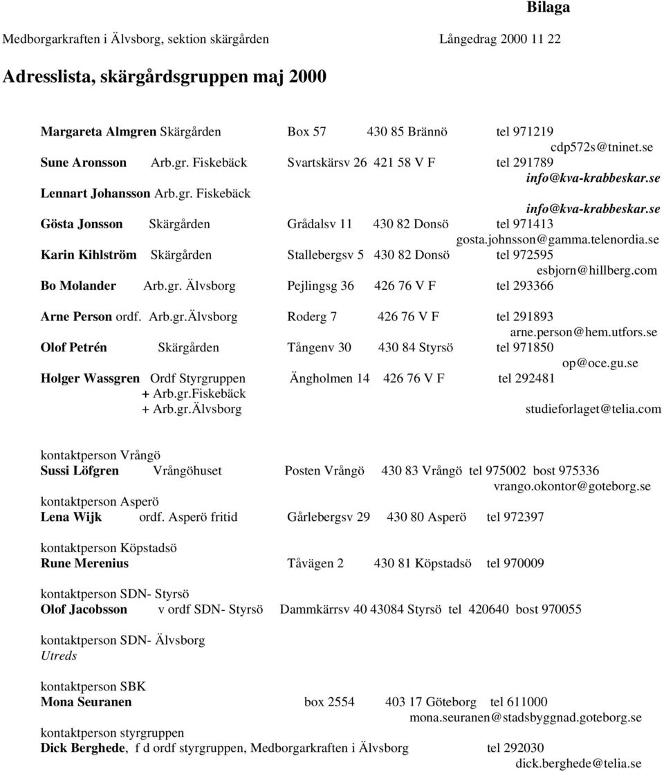 se Gösta Jonsson Skärgården Grådalsv 11 430 82 Donsö tel 971413 gosta.johnsson@gamma.telenordia.se Karin Kihlström Skärgården Stallebergsv 5 430 82 Donsö tel 972595 esbjorn@hillberg.