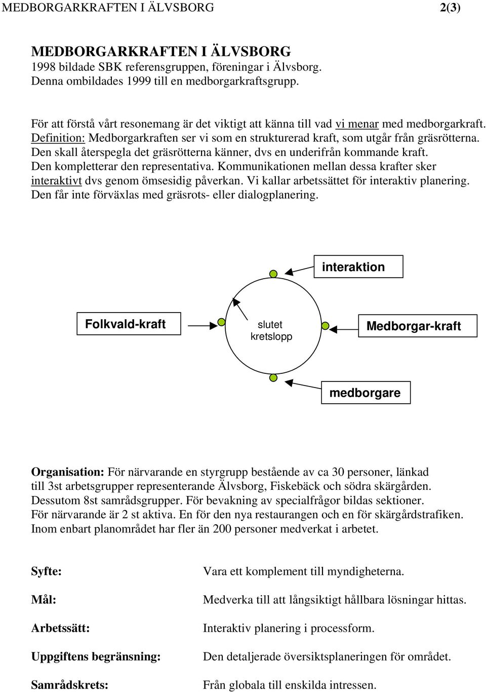 Den skall återspegla det gräsrötterna känner, dvs en underifrån kommande kraft. Den kompletterar den representativa. Kommunikationen mellan dessa krafter sker interaktivt dvs genom ömsesidig påverkan.