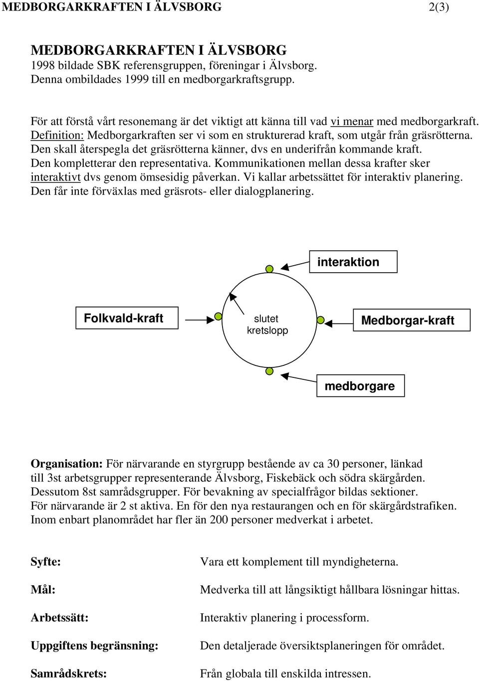 Den skall återspegla det gräsrötterna känner, dvs en underifrån kommande kraft. Den kompletterar den representativa. Kommunikationen mellan dessa krafter sker interaktivt dvs genom ömsesidig påverkan.