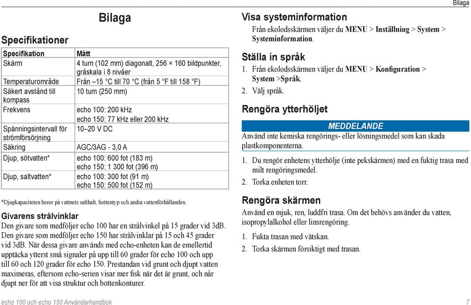 150: 1 300 fot (396 m) Djup, saltvatten* echo 100: 300 fot (91 m) echo 150: 500 fot (152 m) *Djupkapaciteten beror på vattnets salthalt, bottentyp och andra vattenförhållanden.