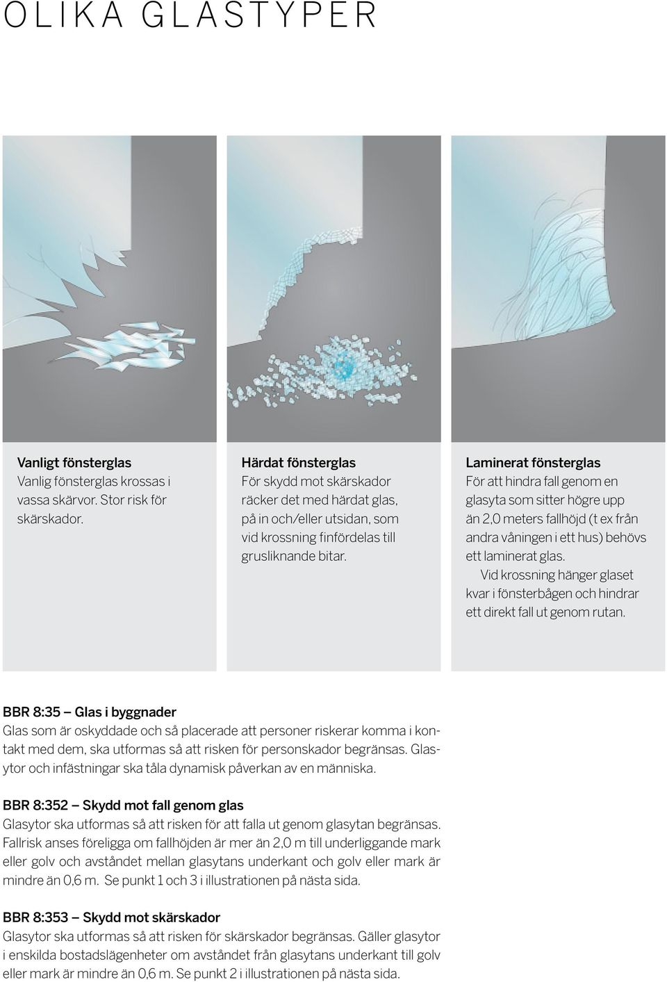 Laminerat fönsterglas För att hindra fall genom en glasyta som sitter högre upp än 2,0 meters fallhöjd (t ex från andra våningen i ett hus) behövs ett laminerat glas.