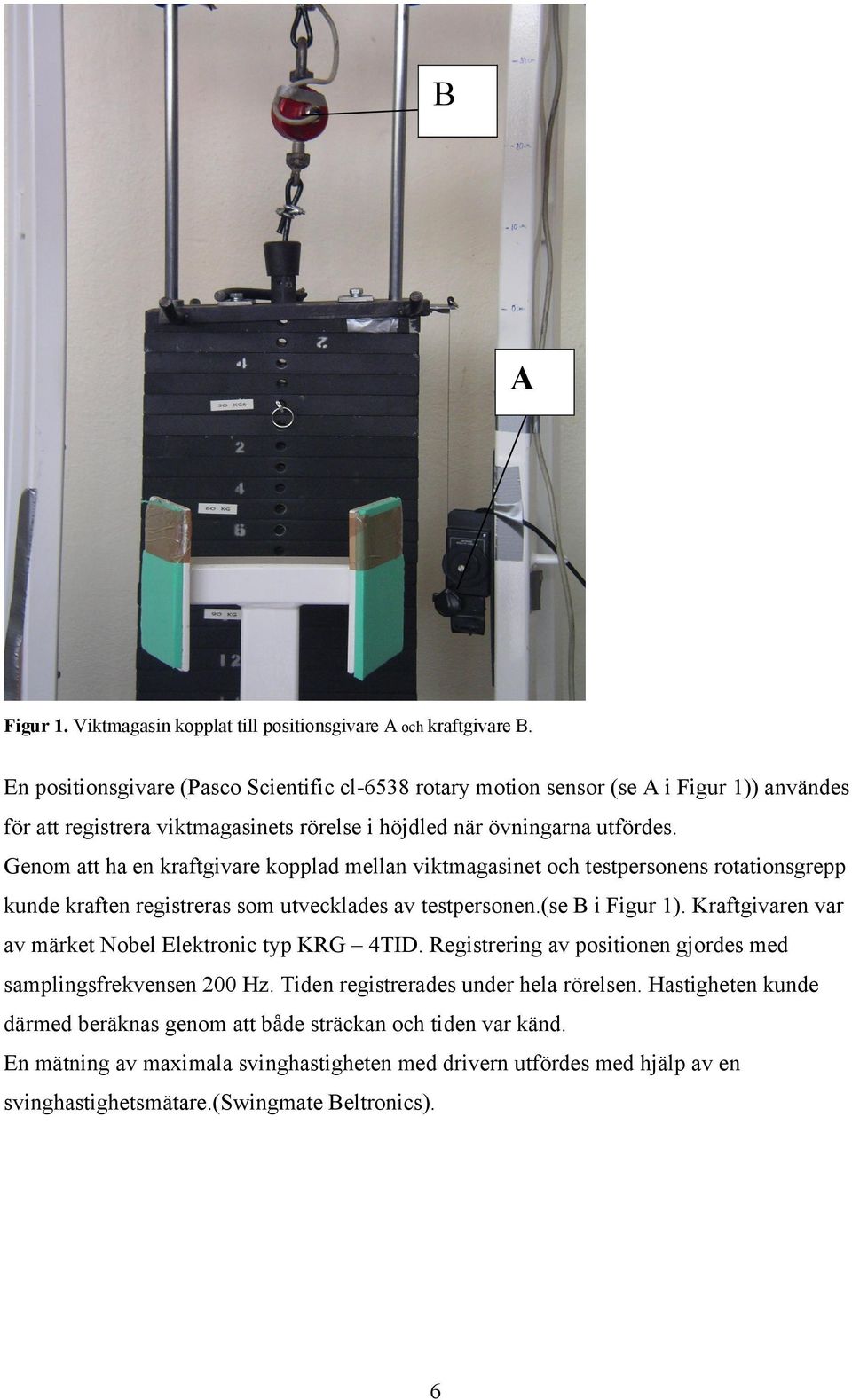 Genom att ha en kraftgivare kopplad mellan viktmagasinet och testpersonens rotationsgrepp kunde kraften registreras som utvecklades av testpersonen.(se B i Figur 1).