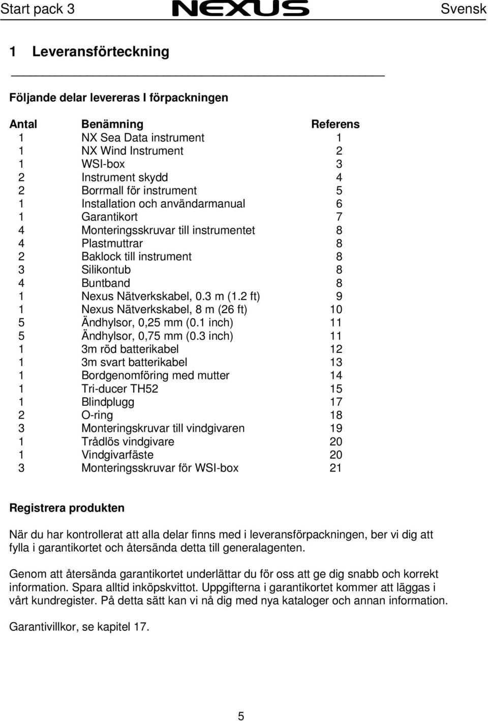 Nätverkskabel, 0.3 m (1.2 ft) 9 1 Nexus Nätverkskabel, 8 m (26 ft) 10 5 Ändhylsor, 0,25 mm (0.1 inch) 11 5 Ändhylsor, 0,75 mm (0.