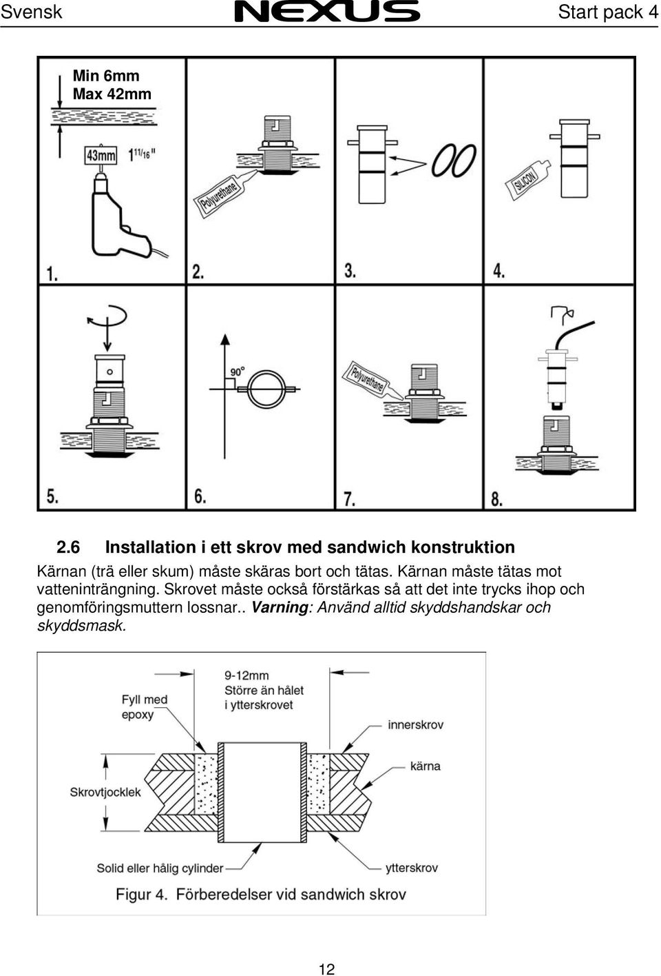 skäras bort och tätas. Kärnan måste tätas mot vatteninträngning.