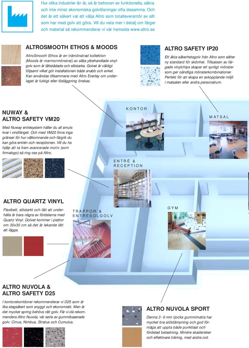 se ALTROSMOOTH ETHOS & MOODS AltroSmooth Ethos är en trämönstrad kollektion (Moods är marmormönstrat) av släta ytbehandlade vinylgolv som är lättstädade och slitstarka.