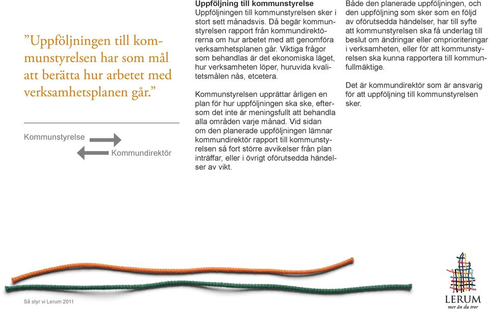 Då begär kommunstyrelsen rapport från kommundirektörerna om hur arbetet med att genomföra verksamhetsplanen går.