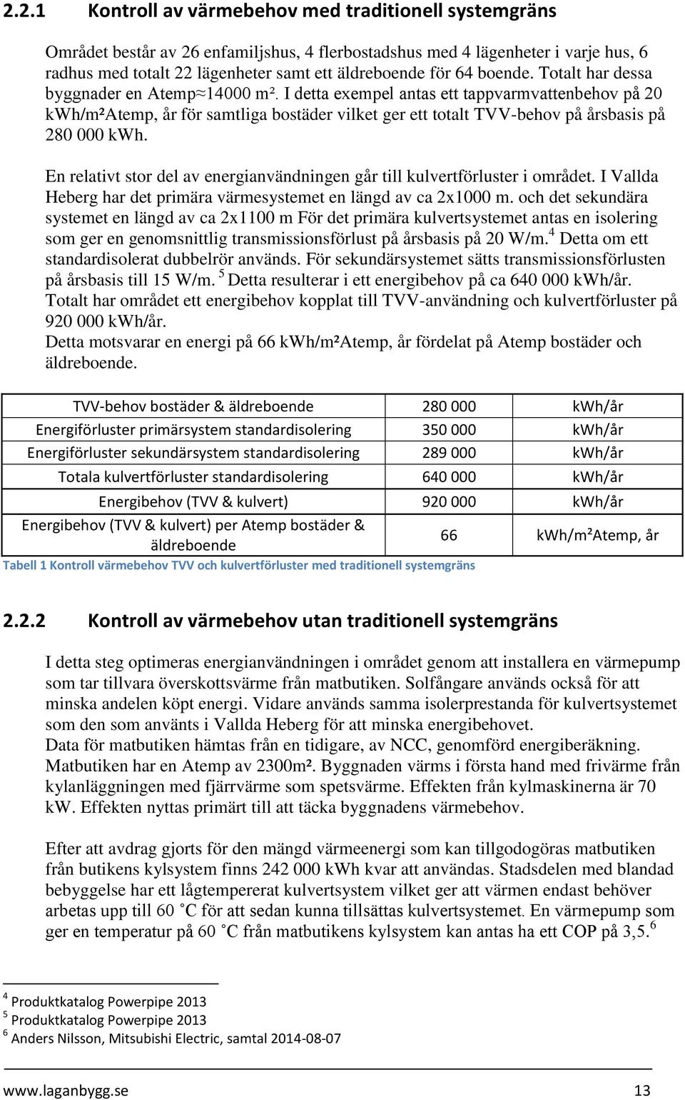 I detta exempel antas ett tappvarmvattenbehov på 20 kwh/m²atemp, år för samtliga bostäder vilket ger ett totalt TVV-behov på årsbasis på 280 000 kwh.