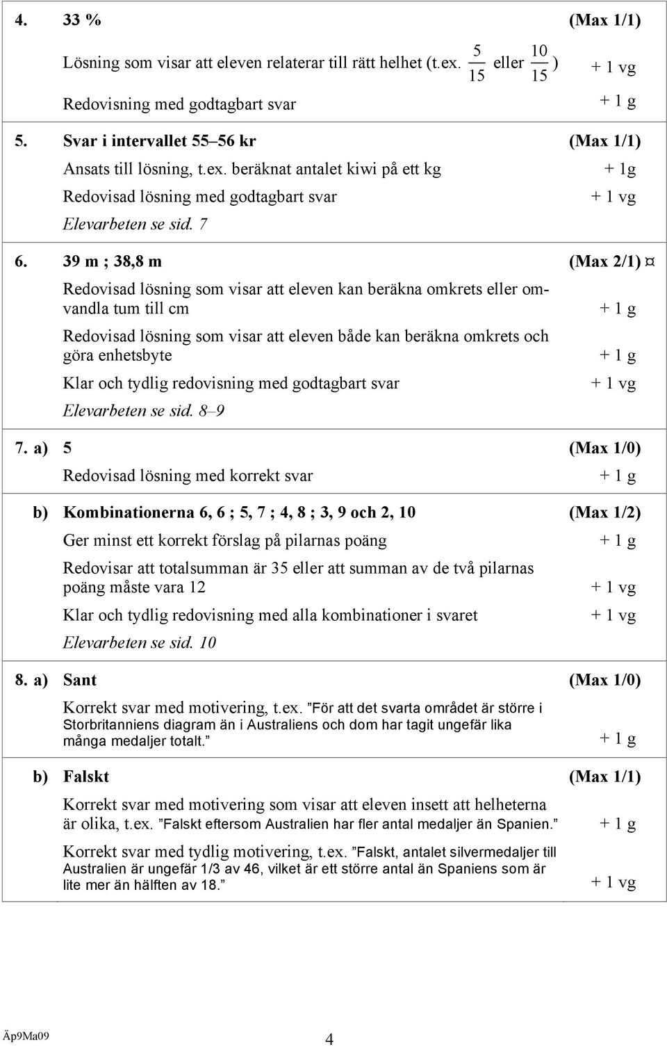 39 m ; 38,8 m Redovisad lösning som visar att eleven kan beräkna omkrets eller omvandla tum till cm Redovisad lösning som visar att eleven både kan beräkna omkrets och göra enhetsbyte Klar och tydlig