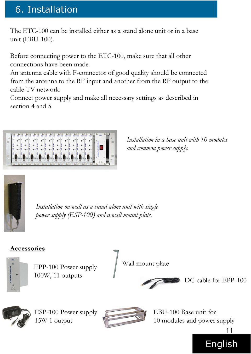 Connect power supply and make all necessary settings as described in section 4 and 5. Installation in a base unit with 10 modules and common power supply.