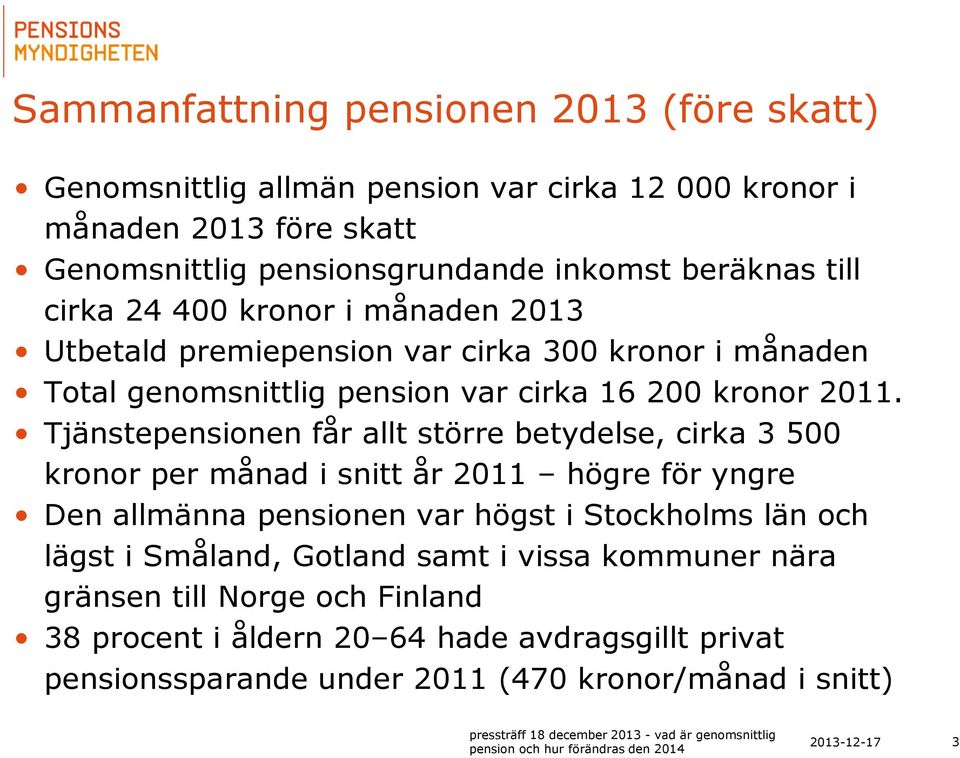 Tjänstepensionen får allt större betydelse, cirka 3 500 kronor per månad i snitt år 2011 högre för yngre Den allmänna pensionen var högst i Stockholms län och lägst i