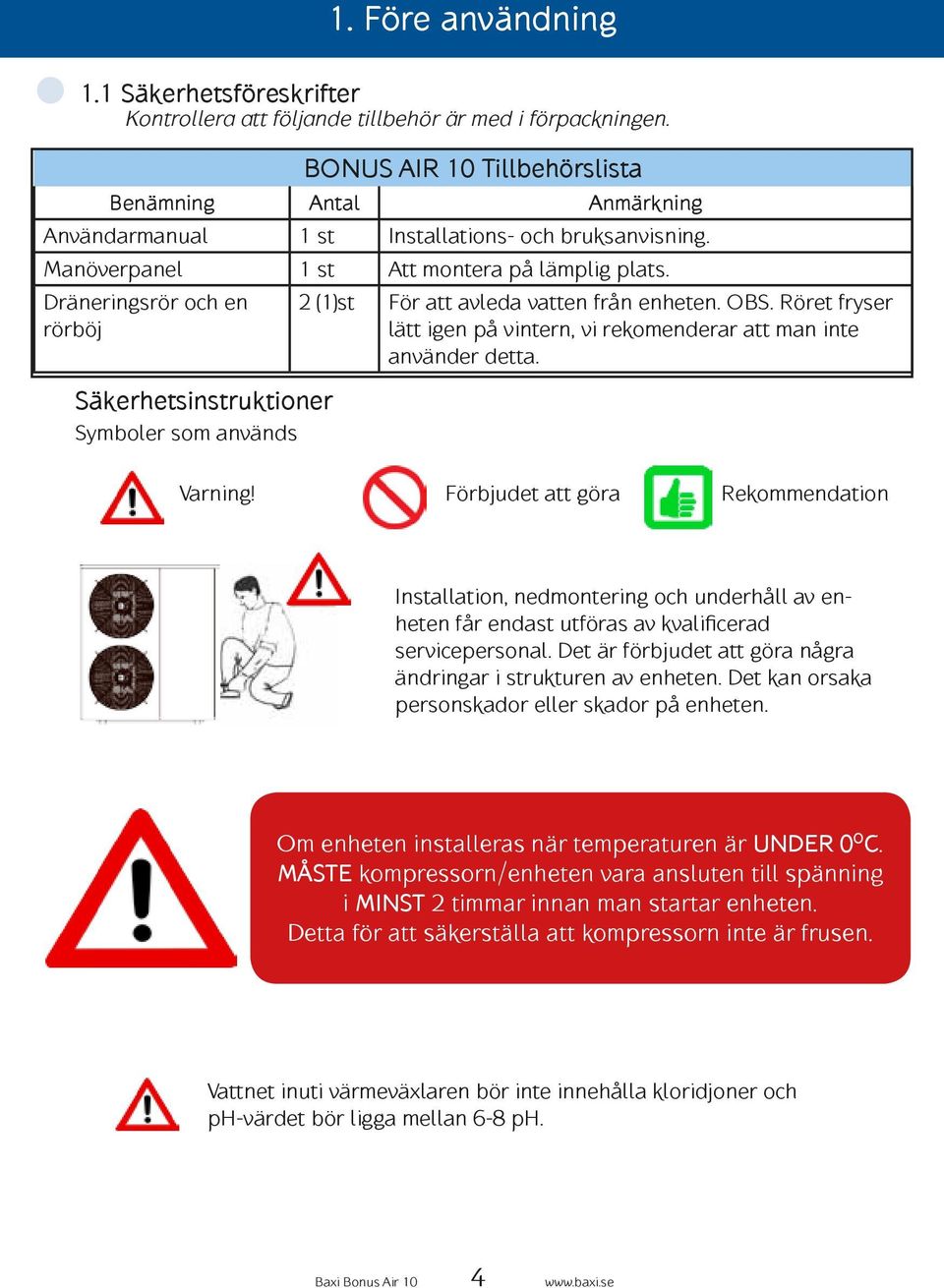 Dräneringsrör och en rörböj Säkerhetsinstruktioner Symboler som används 2 (1)st För att avleda vatten från enheten. OBS. Röret fryser lätt igen på vintern, vi rekomenderar att man inte använder detta.