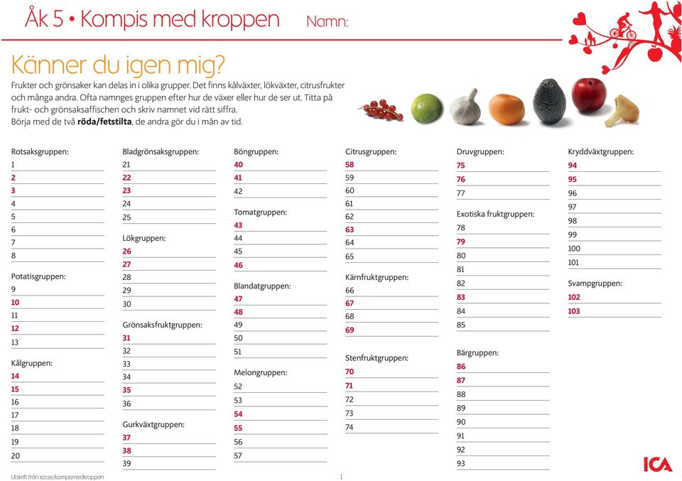 Rotsaksgruppen: 1 2 3 4 5 6 7 8 Potatisgruppen: 9 10 11 12 Bladgrönsaksgruppen: 21 22 23 24 25 Lökgruppen: 26 27 28 29 30 Grönsaksfruktgruppen: Böngruppen: 40 41 42 Tomatgruppen: 43 44 45 46