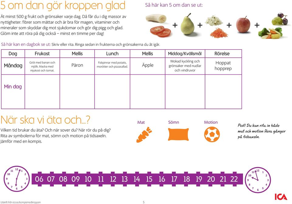 Glöm inte att röra på dig också minst en timme per dag! Så här kan 5 om dan se ut: + + + + Så här kan en dagbok se ut: Skriv eller rita. Ringa sedan in frukterna och grönsakerna du åt igår.